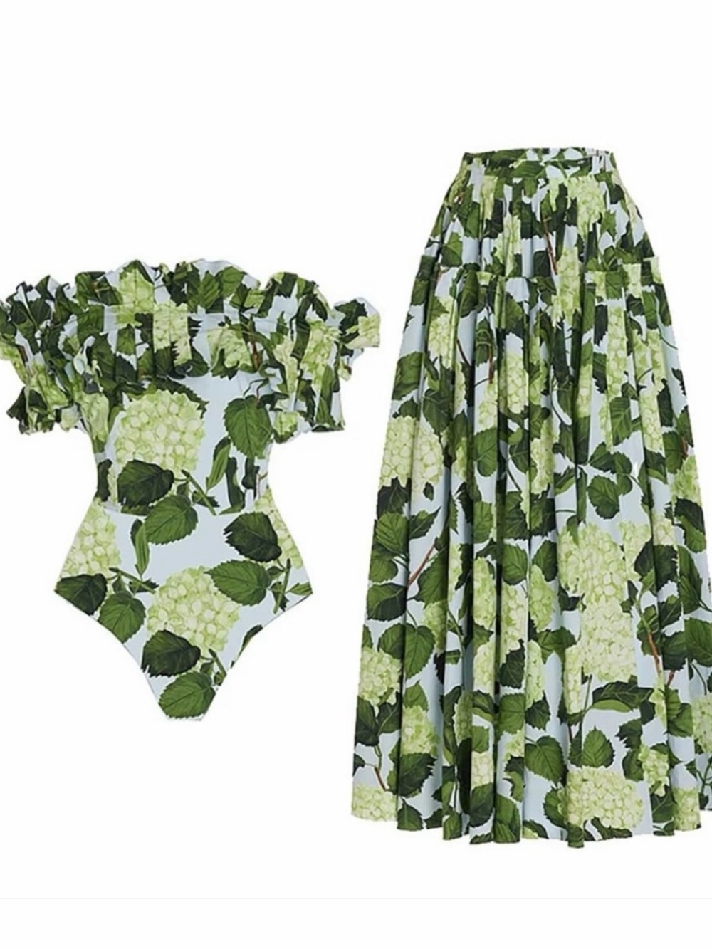 Amazon Hydrangea Floral One Piece Swimsuit & Moxy Maxi Skirt Set M NWOT